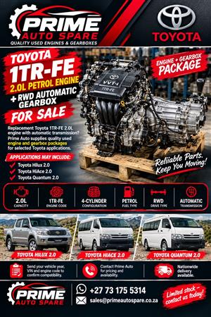 Toyota 1TR-FE 2.0L Petrol Engine + RWD Automatic Gearbox For Sale.