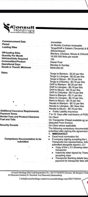 50x40000L fuel tankers wanted Tanzania to Malawi