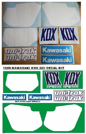 1989 Kawasaki KDX 200 tank and side panel decals graphics sets.