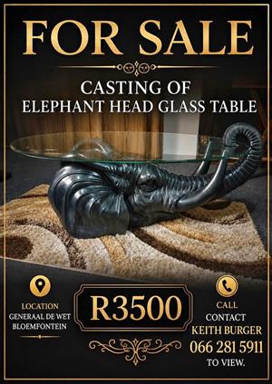  FOR SALE – Unique Casting Elephant Head Glass Table 