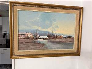 Vintage Original Harbor shipyard scene with boats