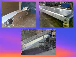 Belt conveyors, incline or decline option, widths and thicknesses.