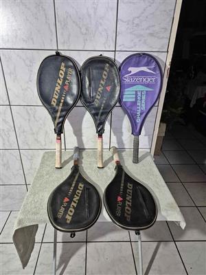 5 x Vintage Dunlop and Slazender graphite composite tennis racket, likely from the 1980s.
