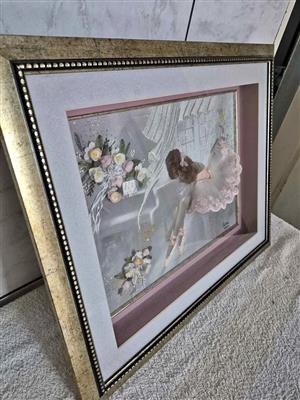 Hand-crafted mixed media or silk ribbon embroidery art piece of center stage ballerina