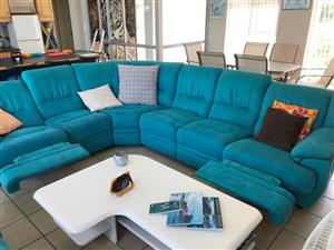 Alcantra material in auqua,8seater couches with two reclining foot chairs