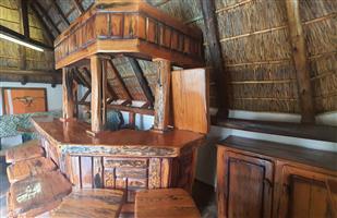 Sleeper Wood Bar (Rodesian Teak) with 6 chairs and 2 cupboards