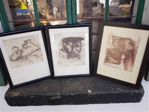 Set of 3 signed schwimmer charcoal etchings