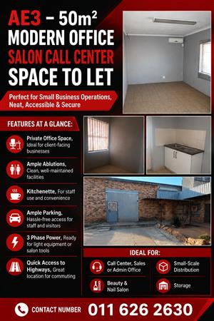 AE3 – 50m² Modern Office Salon Call Center Space To Let