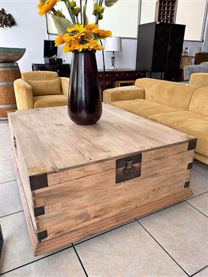Coffee Table - Solid Wood Storage Trunk with Brass Detail