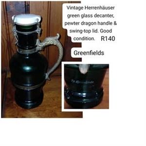 Vintage Herrenhäuser green glass decanter, pewter dragon handle & swing-top lid