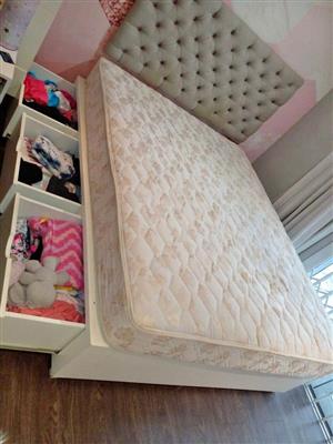 Queen Head board with pink buttons and plywood bed base with storage below. Including Mattress
