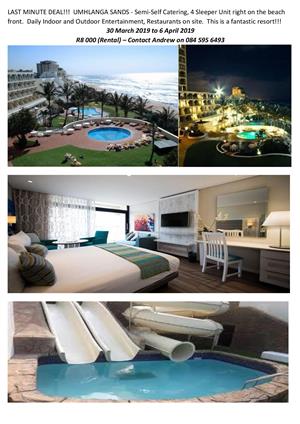 Full week rental at Umhlanga Sands 30 March to  6 April -4 Sleeper right on beachfront
