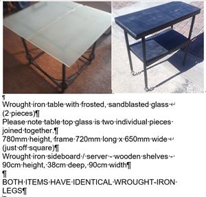 Wrought iron table with sideboard / server.  2 SEPARATE ITEMS.  See photos and details for both.