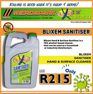 Blixem Sanitiser Hand & Surface Cleaner 5L ONLY R215 at Wierdapark Midas! 