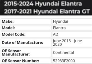 Hyundai Elantra TPMS tyre pressure monitor sensors and valves 