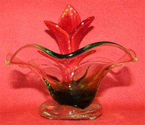 Vintage Art Glass Trinket Dish with Red Trumpet Flower