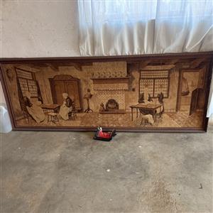 Large Vintage Wall Art / Tapestry in Wooden Frame