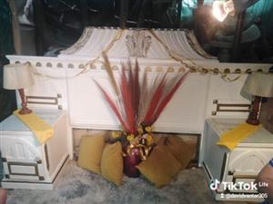 Antique wood headboard white and gold