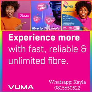 FIBRE BY VUMA-UNLIMITED INTERNET,MONTH TO MONTH,FREE INSTALLATION/ROUTER