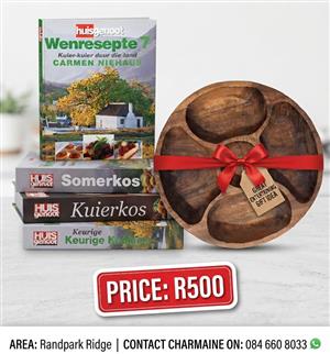 Large Wooden Serving Bowl with four Recipe Books