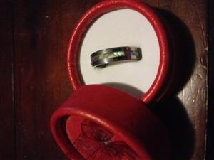 Tugsten Ring for sale. Silver in colour, perlemoen/abelone inlay, small to med