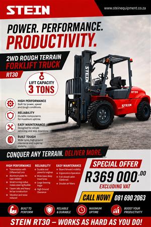 Stein 3 Ton Rough Terrain Diesel Forklift, Brand new, in stock, 24 month 2000hr 