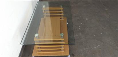 Coffee Table Glass Top & Bottom Wooden Shelf 