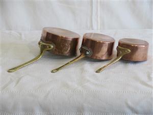 Set of Three Small Vintage Copper Pots with Brass Handles (SKU 364) 