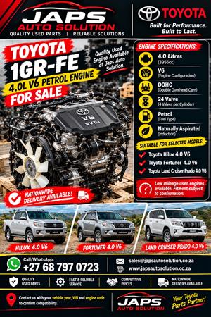 Toyota 1GR-FE 4.0L V6 Petrol Engine Available.