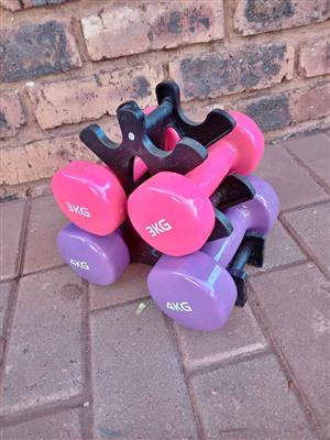 Dumbbells,  set of 4 plastic coated with stand