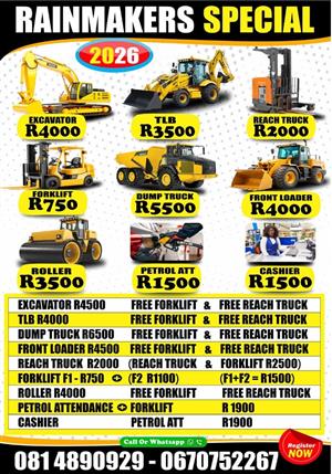 Hurry! Before rainmakers combo end. We have forklifts , dump truck and reach tru