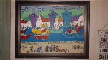 Nice large painting of African harbour scene very good condition
