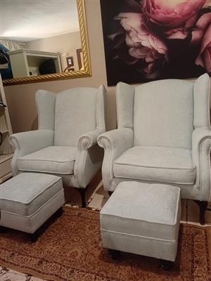 Spectacularly beautiful brand new WINGBACK CHAIRS with matching footstools
