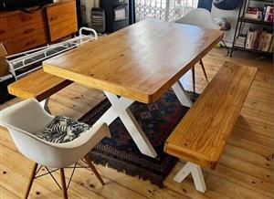 6 seaters crossed legs table and 2 benches
