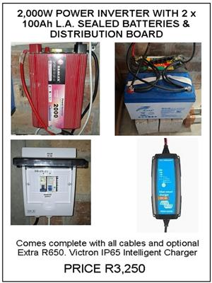 2,000W POWER INVERTER WITH 2 x 100Ah L.A. SEALED BATTERIES & DISTRIBUTION BOARD 