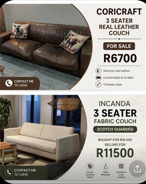 Coricraft real leather 3 seater and Incanda scotch gaurded 3 seater