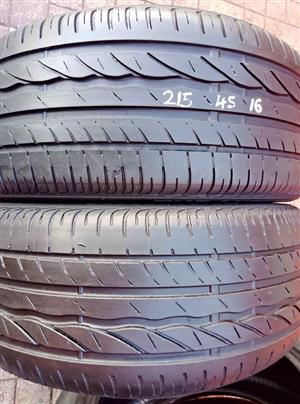 2 X 215/45/16 Bridgestone tyres with sufficient thread for sell