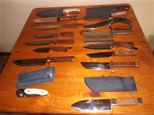 SET OF 21 ORNAMENTAL KNIVES, AXES AND SPEAR FOR SALE
