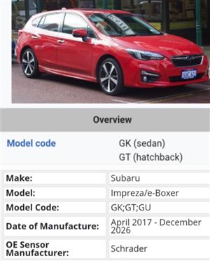 Subaru Impreza TPMS tyre pressure monitor sensors and valves