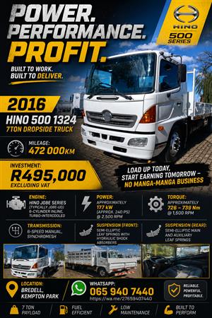 2016 HINO 500 1324 7 ton Dropside Truck 