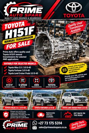 Used Toyota H151F 5-Speed Manual 4WD Gearbox For Sale.