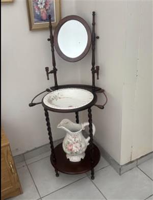 Antique Washstand with Mirror, Basin & Jug