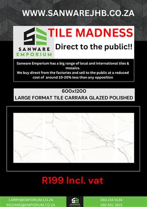 TILE MADNESS!! BIG SAVINGS on 600 x 1200 Large Format Carrara Glazed Polished Ti