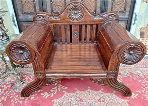 Antique Hand-Carved Wooden Bench