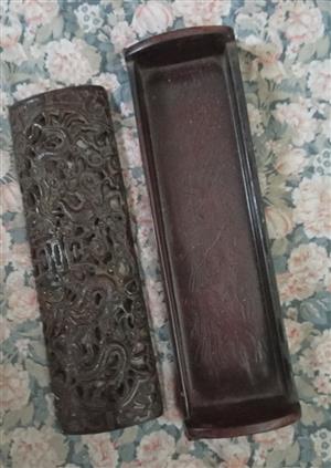 vintage Chinese cast resin footed box with high relief dragon motifs