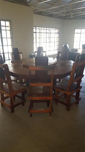 Rhodesian Teak 8-Seater Dining Room table with chairs and Lazy Susan
