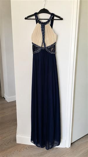 navy and cream little mistress dress with beading and pleat and lace detail size