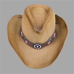 Cowgirl Style Straw Hat With Pink Floral Accent