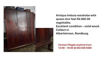 Antique Imbuia wardrobe Queen Anne feet