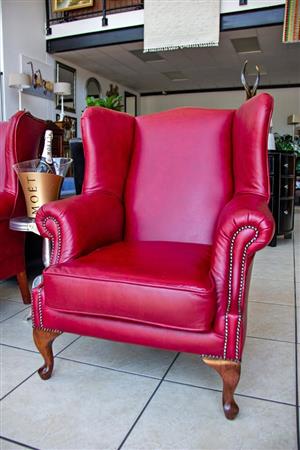 Classic Wingback Chairs in Red Grain Leather. Priced Per Chair
